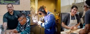 Two men working in carpentry, a welder at work, two women working in bakery
