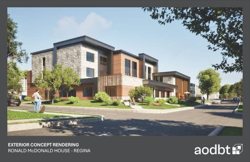 Rendering of a large, modern, flat-roofed two-storey home (grey, brown and black). The image shows a blue sky with landscaped greenery and two people walking on the sidewalk.