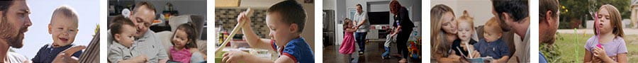 families reading, cooking and playing