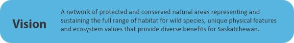 Vision: A network of protected and conserved natural areas representing and sustaining the full range of habitat for wild species, unique physical features and ecosystem values that provide diverse benefits for Saskatchewan.