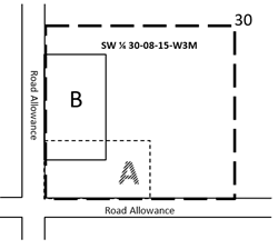 Illustration indicating the borders on a rural land parcel that need to be measured for a subdivision application. 