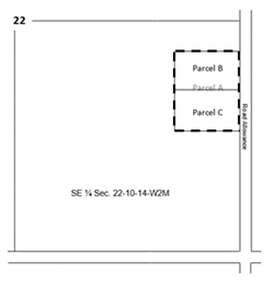 Illustration indicating the borders on a rural land parcel that need to be measured for a subdivision application. 